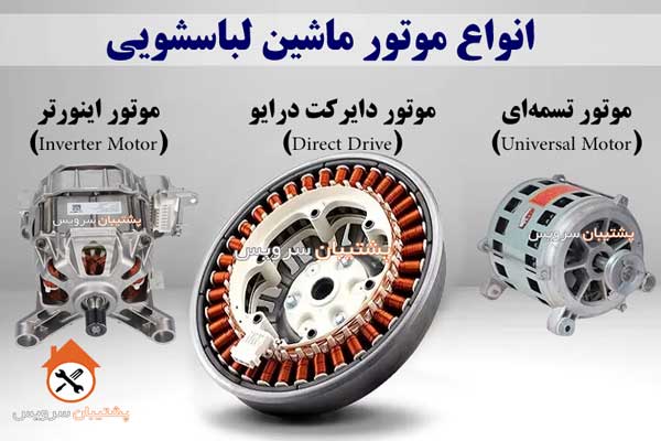 شکل و عکس انواع موتور ماشین لباسشویی 1 موتور تسمه ای 2: موتور دایرکت درایو 3: موتور اینورتر